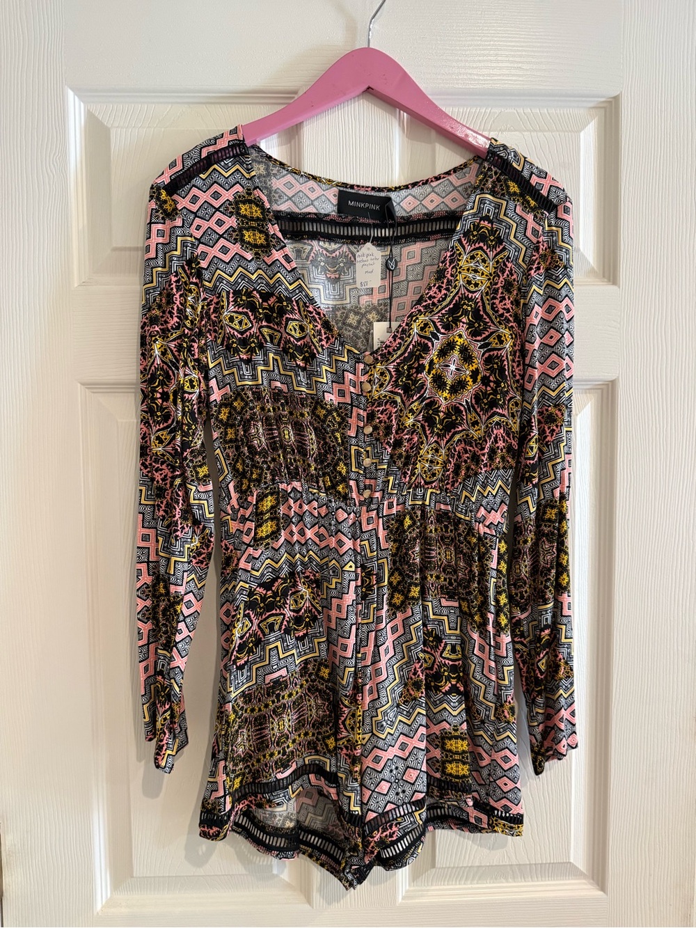 MINKPINK Pink and Black Patterned Long-Sleeve Romper
